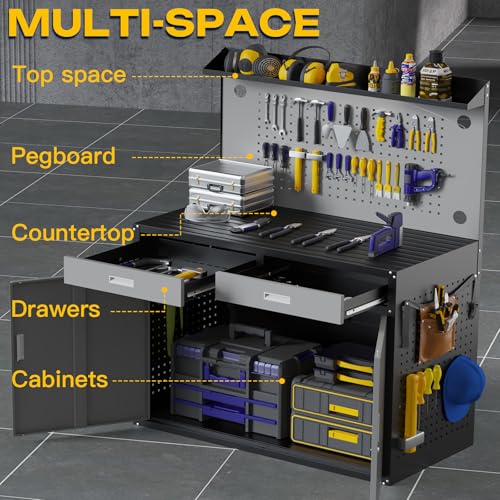 Eltean 48" Work Bench,Heavy Duty 2500 LBS Capacity Workbench with Drawers and Storage,Work Table with Light & Pegboard,Work Benches for Garage