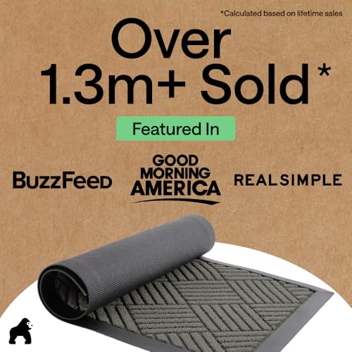 GORILLA GRIP 100% Waterproof All-Season WeatherMAX Doormat US Designed Natural Rubber, Stain Fade Resistant, Low Profile Indoor Outdoor Door Mats, Easy Clean, 29x17 Gray Diamond