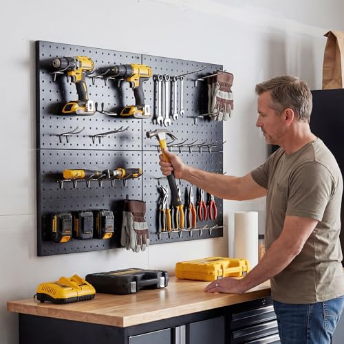 7S garage 4 Pack Metal Pegboard Panels with 50 Hooks, Black Pegboard Wall Organizer, Pegboard Accessories, Heavy Duty Garage Tool Storage System for Workbench, Workshop, Office, Craft Room