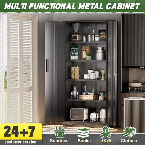 Greenvelly Metal Storage Cabinet, 72" Black Steel Garage Cabinet with Doors and Adjustable Shelves, Metal Cabinet with Lock,Garage Cabinets and Storage System for Garage,Home Office,School