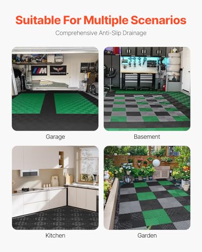 VEVOR Interlocking Drainage Mat, 12” x 12” Modular Interlocking Cushion, 55 Pcs Splicing Drainage Mats, Non-Slip PP Drainage Floor Tile and Shower Mat, for Garage, Garden, Kitchen & Outdoor, Black