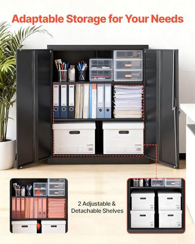 VEVOR Metal Storage Cabinet, 41.7 in Steel Garage Cabinet with 2 Adjustable Shelves, 2 Magnetic Doors & 2 Keys, 3 Tiers Lockable Tool Storage for Pantry, Warehouse, Basement, Office, Black