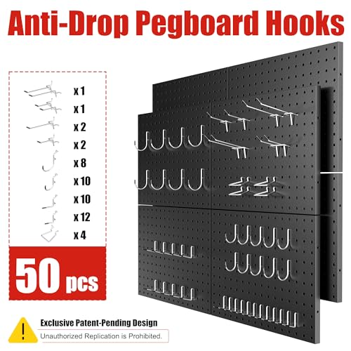 7S garage Peg Board 8 Pack Metal Pegboard Panels with 50 Hooks, Heavy Duty Pegboard Wall Organizer, Black Pegboards for Workbench, Garage Tool Storage, Office Organization, Kitchen, Craft Room