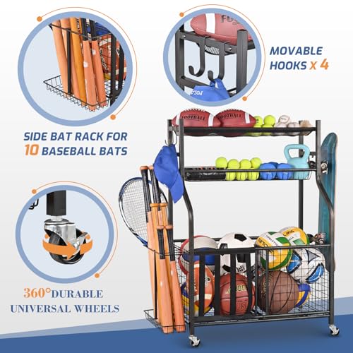PLKOW Sports Equipment Organizer - Garage Storage Rack with Basket and Hooks, Garage Ball Storage for Toy and Sports Gear, Black