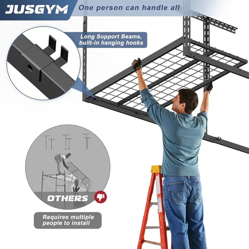 Jusgym 3X6FT Overhead Garage Storage Rack, 26"-40" Height Adjustable Garage Ceiling Storage Racks, Heavy Duty Metal Overhead Storage Organizer System, 450LBS Weight Capacity