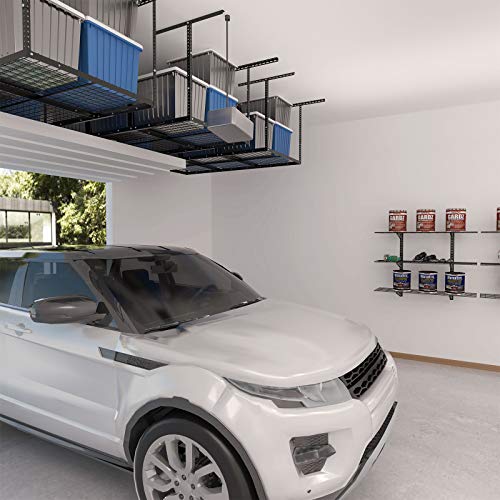 FLEXIMOUNTS 3x6 Overhead Garage Storage Adjustable Ceiling Storage Rack with 4-Pack Add-On Storage Flat Hook Accessory, 72" Length x 36" Width x 40" Height Storage Rack, Black