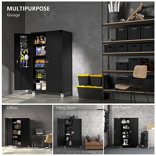 VINGLI Upgraded Wide & Deep Garage Storage Cabinet, Metal Storage Cabinet with Pegboards, Wheels, Locking Doors and Adjustable Shelves (Black, 43''W x 20''D x 72''H)
