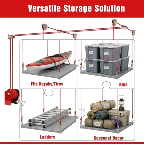Overhead Garage Storage Lift Hoist, 400 lbs Ceiling Garage Hoist System with Hand Crank, Heavy Duty Double Rope Pulley Lift, Adjustable Garage Organizer for Bikes, Kayaks & Storage Bins (No Platform)