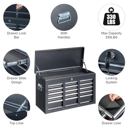 Winado 24" Portable Metal Tool Box, 5 Drawers Toolbox with Top Storage Tray, Carry Handle, Ball Bearing Runners, Lockable Tool Chest Cabinet for Garage, Warehouse, Repair Shop & Home, Black