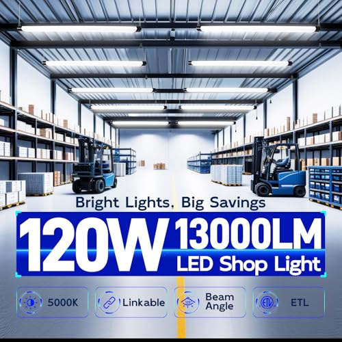 hykolity 4FT 120W LED Shop Light Linkable, 13000lm(400w Equivalent), 5000K Utility Shop Lights for Garages, Workshops, Basements, Hanging or FlushMount, with Power Cord and Pull Chain, ETL, 2 Pack
