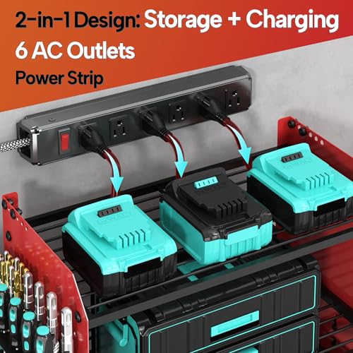 CFMASTER 3 Layer Heavy Duty Power Tool Organizer Wall Mount with Charging Station, Adjustable Metal Storage Rack, 6 Outlets Power Strip, Drill Holders, Hooks & Drill Bit Rack for Garage, Workshop, Red