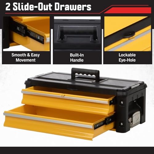 Rolling Tool Box with Wheels - Stackable Tool Box Organizer - Portable Metal Toolbox Tool Chest with Drawers for Garage Workshop by Stalwart (Yellow)