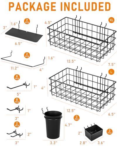 INCLY 30PCS Peg Board Organizer Accessories Kit, Pegboard Hooks Assortment with Bins, Cups, Wire Baskets and Paper Towel Holder for 1/8“ and 1/4” Pegboard Garage Workbench Craft Room Organizing Tools