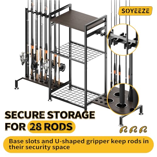 SOYEEZE Fishing Rod Holder for 28 Rods, Ground Stand Fishing Pole Holders for Garage, 3-Sided Vertical Fish Rod Rack for Tackle Box, Fishing Supplies,a Display Fish Gear Storage Gift for Man