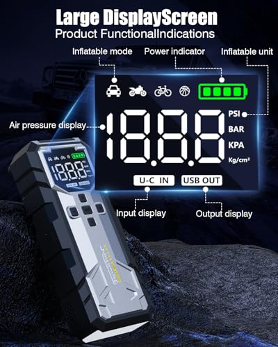 8000A Jump Starter with Air Compressor, 12V Jump Box for Car Battery (All Gas/10.0L Diesel) Portable Jumper Starter Pack with 150PSI Auto Tire Inflator, LCD Display, Lights & Booster Cable