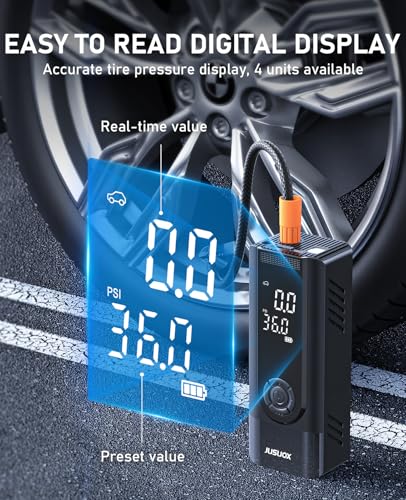 JUSUOX Tire Inflator Portable Air Compressor, Dual Power (Cordless & 12V DC) Air Pump for Car Tires, 150PSI Fast Air Pump for Moto, Bike, Large Capacity Battery, Digital Gauge with Emergency LED Light