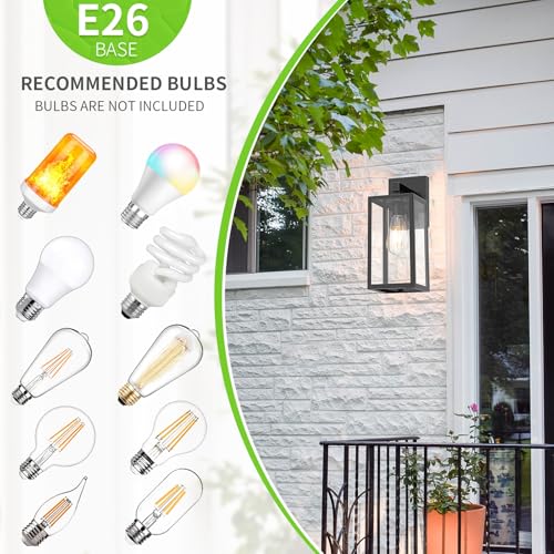 MAXvolador Outdoor Wall Sconce, Exterior Waterproof Wall Lantern Light Fixtures, Black Porch Lights with Toughened Glass Shade, Anti-Rust E26 Socket Front Door Mount Lighting, 2 Pack
