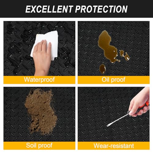 7.5x25 FT Garage Floor Mat, 2.8mm Thickened Flooring Roll Under Car Mat with 20Pcs Tapes, Diamond Plate, Non-Slip Floor Protector Mat for Trailer, Garage, Warehouse, Gyms, Trailer, Matte Black