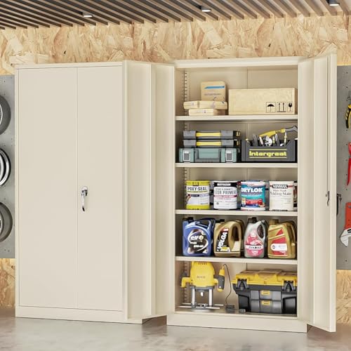 SUNCROWN Metal Storage Cabinets with Lock, Tool Cabinet, 72" Locking Steel Storage, Tall Locker Organizer Garage Cabinets with 2 Doors and 4 Shelves for Home,Office,Warehouse,Garage,School(Warm Grey)