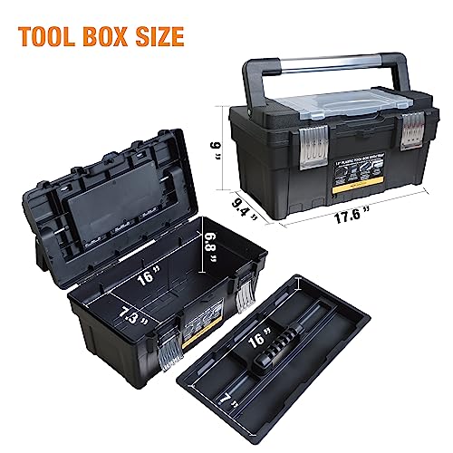 TCE ATRJH-9019U Torin 18-Inch Plastic Tool Box Organizer & Durable Tool Storage Box: Portable Removable Tray and Alum Alloy Handle Tool Box with 2 Metal Snap Lock for Enhanced Security, Black