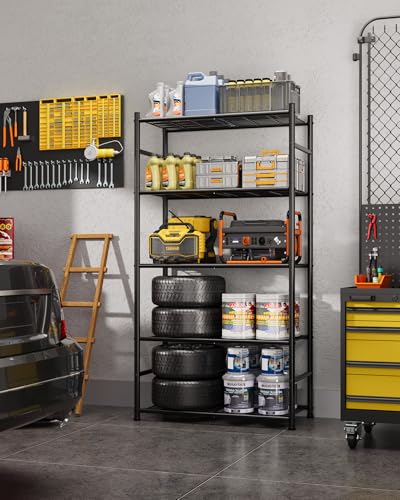Sakugi Storage Shelves - 5-Tier Metal Storage Shelves with Wall Anchoring Kit & Leveling Feet, Sturdy Steel Shelf Organizer for Kitchen, Laundry Room, Bathroom, 23.6" x 13.7" x 59", Black