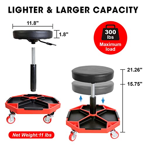 Big RED ATRXF8308R Torin Heavy Duty Pneumatic Garage Rolling Stool/Creeper Seat with Removable Plastic Tray, 300 lb Capacity, Black/Red