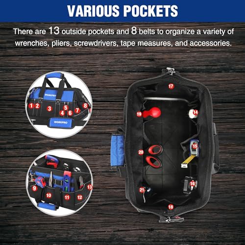 WORKPRO 16-inch Wide Mouth Tool Bag with Water Proof Molded Base