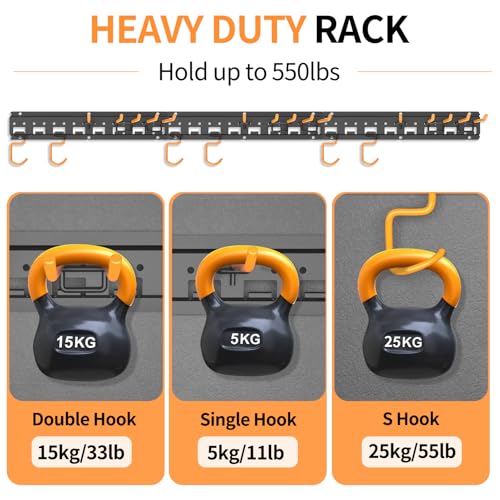 Unaikoo Garden Tool Organizer Wall Mount - Garage Storage and Organization Yard Tool Hanger with Adjustable Pegboard Hooks Shed Rack for Broom Mop Shovel Rake Trimmers, 48 inch Max 550lbs, Black