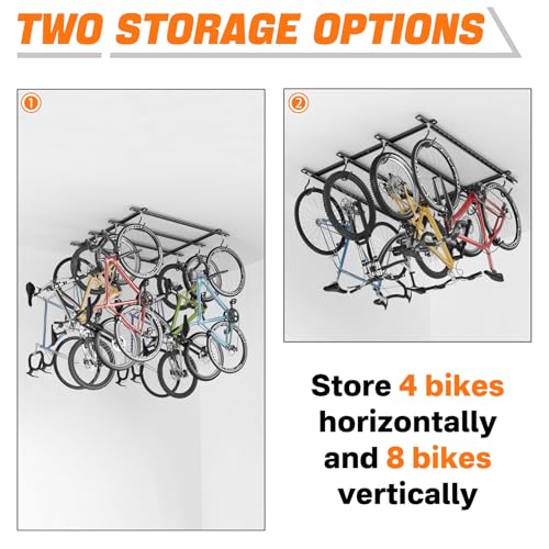 TORACK Ceiling Bike Rack for Garage, Ceiling-Mounted Bicycle Storage Hooks for 4 Bikes (Horizontal) or 8 Bikes (Vertical), Adjustable Overhead Bicycle Hooks for Mountain, Road, and Kids' Bike