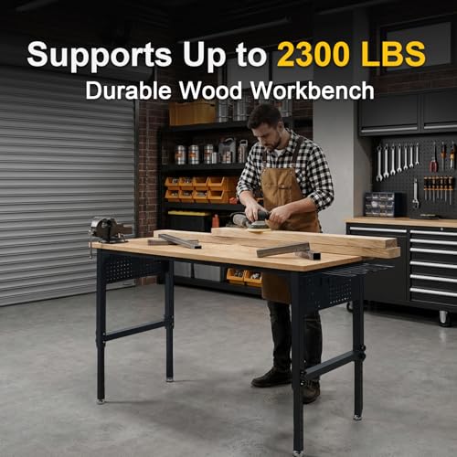 60" Adjustable Heavy Duty Workbench, 2300 LBS Load Capacity Hardwood Work Table with Pegboard, Power Outlets, USB & Type-C Ports, Work Bench for Garage, Office, Workshop, Home, Workstation