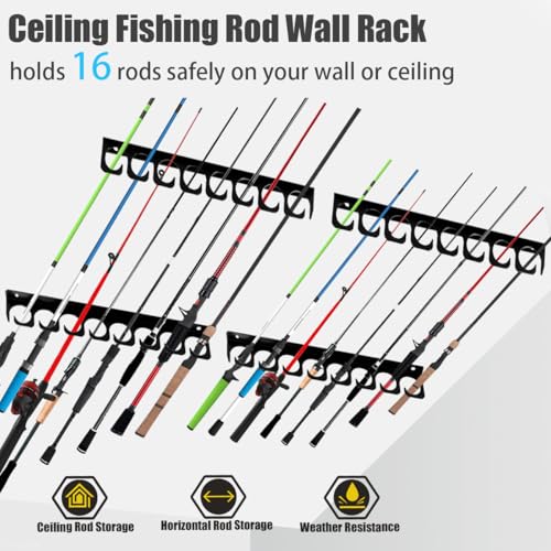 Wall Mounted Fishing Rod Rack Holder Ceiling Storage Hook Hanger Display Metal Horizontal Rack Oranizer Poles Steel Racks Holds up to 16 Rods with Soft Protective Pad for Garage Cabin and Basement