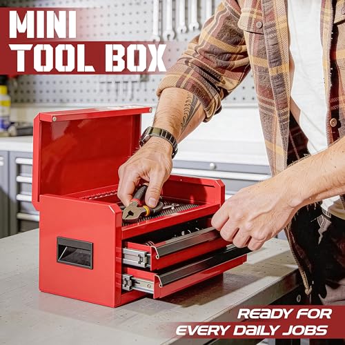 OLY-PRO Mini Toolbox with 2 Drawers and Top Storage, Durable Steel Construction with Ball-Bearing Slides, Multi-Purpose Portable Tool Boxes Case Organizer for Garage, Red