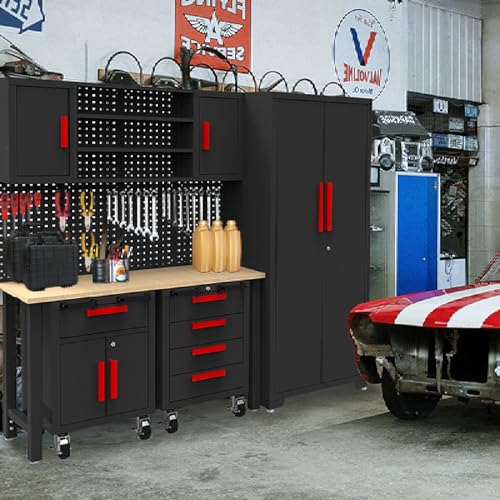 Big RED Garage Storage Cabinets System, 6-Pcs Workshop Cabinet Set in Black, Included Steel Cabinets Drawers Rolling Chest and Pegboard,Locked Garage Storage Cabinet
