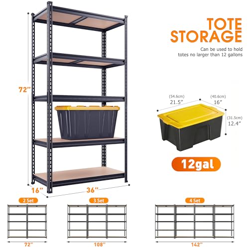REIBII 2400LBS Garage Shelving Heavy Duty,5 Tier Storage Shelves Adjustable Metal Shelving Unit,Garage Shelves for Basement,Warehouse,Commercial,Pantry,Closet,Kitchen 72x36x16,Black