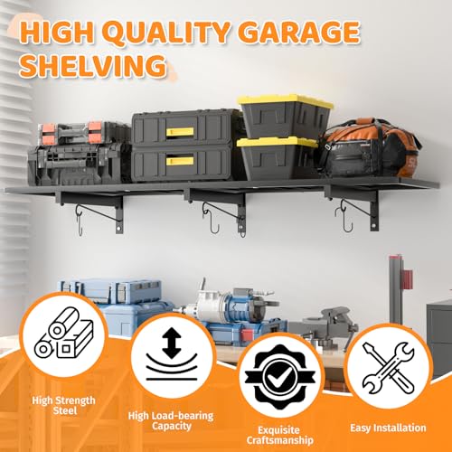 Mogbhw 2 Pack Garage Wall Shelving, 1x3.85ft Heavy Duty Garage Shelving Wall Mounted 320 lbs Load Capacity, Black Garage Storage Shelves Floating Shelves for Basement, Shop, Shed