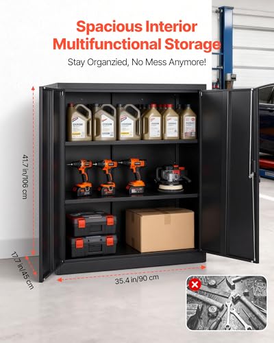 VEVOR Metal Storage Cabinet, 41.7 in Steel Garage Cabinet with 2 Adjustable Shelves, 2 Magnetic Doors & 2 Keys, 3 Tiers Lockable Tool Storage for Pantry, Warehouse, Basement, Office, Black