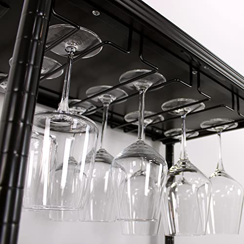 SafeRacks Freestanding Wine Rack with Wood Table Top and Glass Holder, Holds 24 Bottles and 9 Wine Glasses, Adjustable Metal Wine Storage Display Shelves for Kitchen, Bar, Dining Room - Matte Black