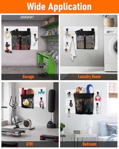 ZORUNNA 2PCS Slatwall Basket with Zipper, 6 PCS Heavy Duty Hooks, 16x15x11 Inch Slatwall Accessories, Easy to Install Garage Storage Mesh Basket for Shop Gym Toy Display Storage.