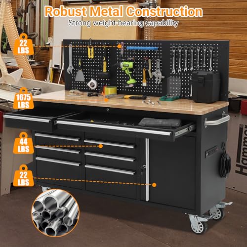 GAOMON 61-inch Rolling Tool Chest, 10 Drawers Garage Workbench Storage Tool Cabinet with Power Strip, Solid Rubber Wood Top, 1675 LBS Load Mobile Workstation, Heavy Duty Rolling Cabinet