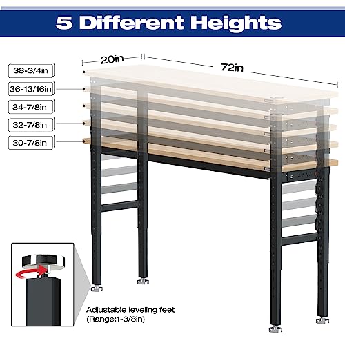 WORKPRO 72" Adjustable Workbench, 3000 LBS Load Capacity Hardwood Garage Workbench with Power Outlets, Rubberwood Top Heavy-Duty Workstation for Workshop, Garage, Home