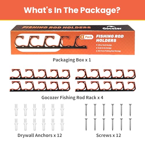 Gocozer Fishing Rod Holder for Garage, H5 Wall or Ceiling Mounted Fishing Pole Holders with Soft Protective Pad, Fishing Rod Storage Organizer, Horizontal Fishing Rod Wall Mount Nets Storage (4 PACK)