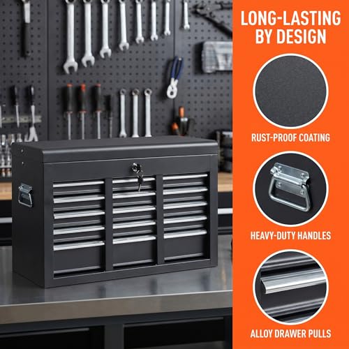 Winado 24" Portable Metal Tool Box, 5 Drawers Toolbox with Top Storage Tray, Carry Handle, Ball Bearing Runners, Lockable Tool Chest Cabinet for Garage, Warehouse, Repair Shop & Home, Black