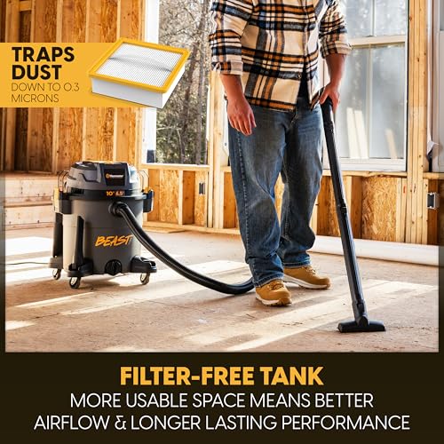 Vacmaster Professional Beast Series FLT+10-Gallon 6.5 Peak HP Wet/Dry Shop Vacuum with HEPA Media Filter, Manual Filter Cleaning System, Power Tool Sync Technology- VJN1012PF 0201