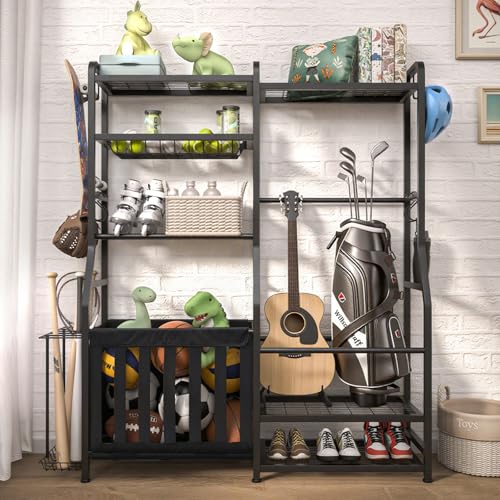 Faesun Garage Sports Equipment Organizer, Golf Bag Storage Rack, Heavy Duty Ball Holder with Basket & Hooks, Indoor/Outdoor Basketball Storage Bins for Toy Sports Gear Storage