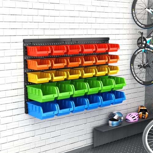 VEOFEMLEA 30-Bin Wall Mounted Storage Bins Kit, Tool Organizer Rack, Garage Hardware Organizer, 5 Color Parts Storage Bins, DIY Combination