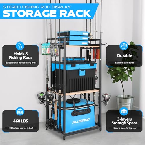 PLUSINNO 3 Tier Fishing Rod Holder, Fishing Pole Holders for Garage, Fishing Rod Rack Fishing Rod Storage Up to 8 Rods, Fishing Gear Tackle Box Fishing Equipment Organizers, Fishing Gifts for Men
