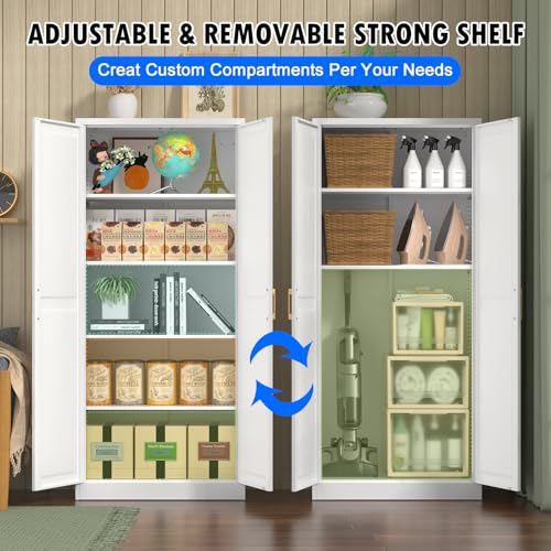 Polup White Kitchen Pantry Cabinet, 71 Inch Tall Metal Storage Cabinet with Doors and Shelves, Pantry Cabinets for Kitchen Storage, Freestanding Cupboard for Living, Dining Room, Assemble Required