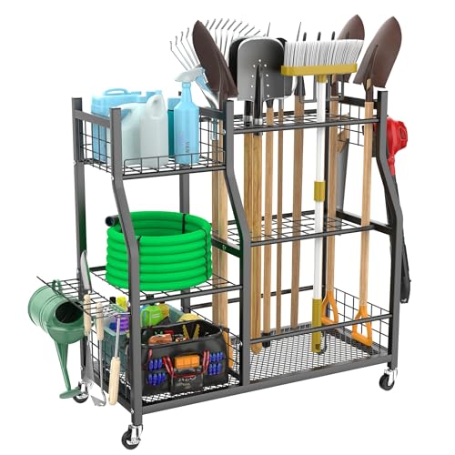 WALMANN Garden Tool Organizer with Wheels for Garage, Large Storage Capacity, Rakes/Shovels/Yard Tools Storage Stand for Shed, Garden, Indoor/Outdoor Long-Handled Tools Rolling Cart