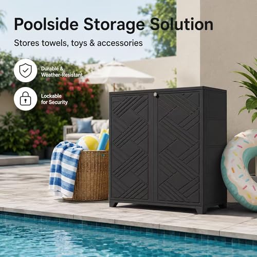 ADDOK Outdoor Storage Cabinet, 60 Gallon Waterproof Resin Patio Storage Cabinet with 1 Adjustable Metal Shelf and Double Doors, Weather-Resistant Organizer for Garden Tools, Pool Supplies and Toys
