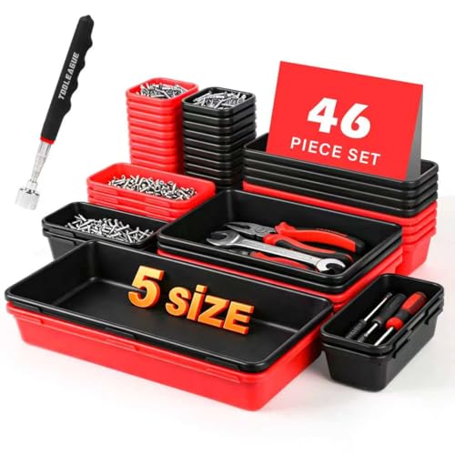 TOOLEAGUE 46Pcs & 5 Sizes Tool Box Organizer Tray Set with 15Lb Magnetic Pickup Pen,Drawer Organizer Bin, Garage Organization and Storage Workshop Rolling Tool Chest WorkBench Small Part(Black, Red)